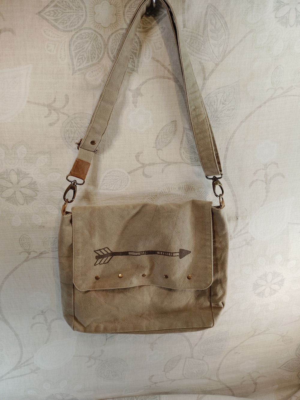 Embellish Khaki Canvas Messenger Bag with Arrow Print